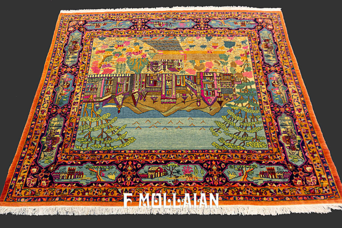 Square Antique Pictorial Persian Kashan Dabir Rug n°:435375